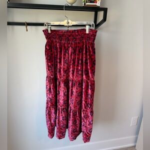 Anthropologie Hot Pink Floral Velvet Tiered Maxi Skirt